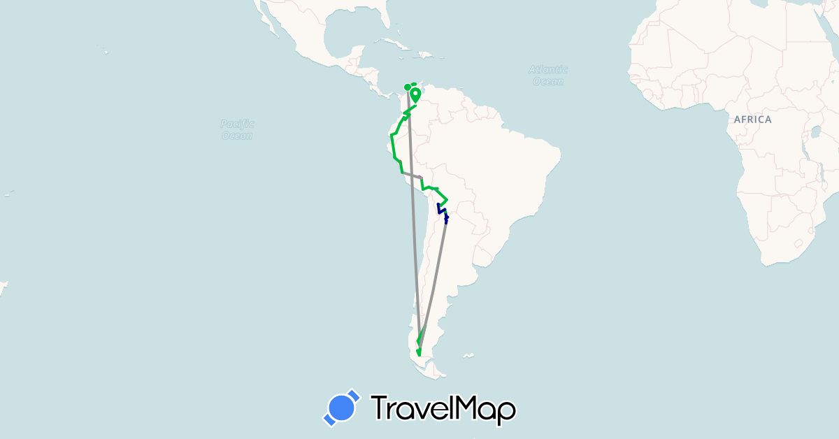 TravelMap itinerary: driving, bus, plane, cycling, train, hiking, boat in Argentina, Bolivia, Chile, Colombia, Ecuador, Peru (South America)